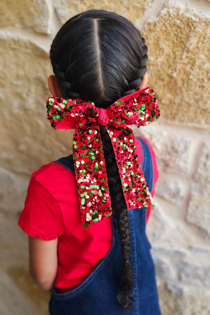 King Red and Green Velvet Sequin Two-loop Hair Bow with Long Front Tails and Knot Wrap