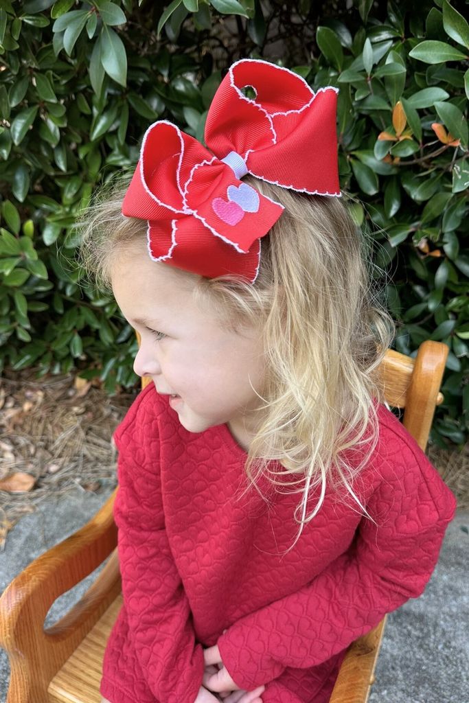 King Valentine Heart Embroidered Grosgrain Hair Bow with Moonstitch Edge
