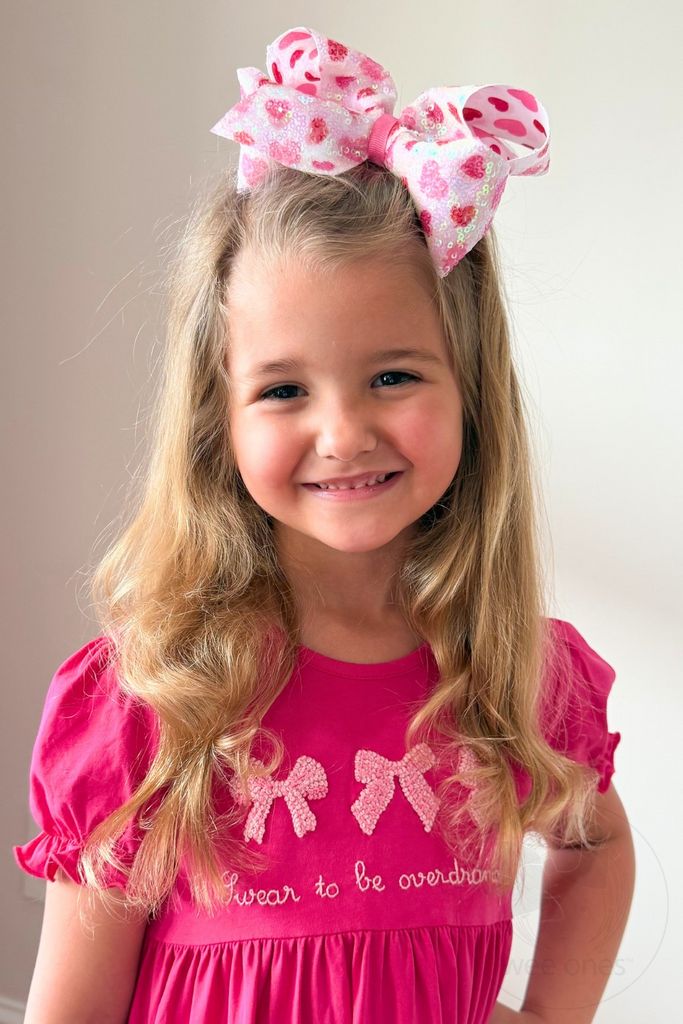 King White Valentine Sequin Hair Bow with Red and Pink Heart Print