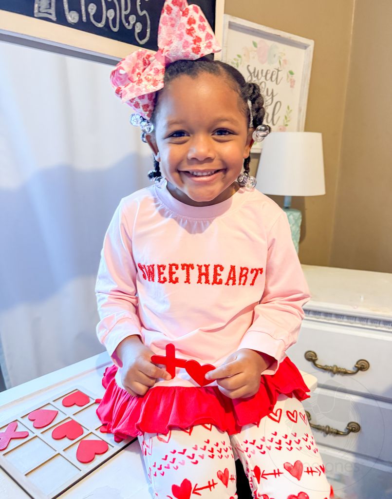 King White Valentine Sequin Hair Bow with Red and Pink Heart Print