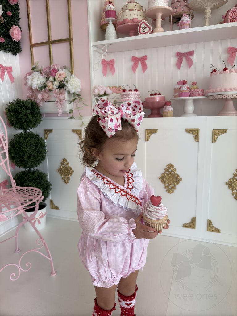 King White Valentine Sequin Hair Bow with Red and Pink Heart Print
