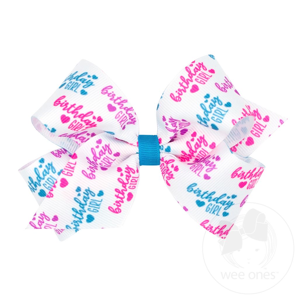 Medium Birthday-themed NEON Printed Grosgrain Hair Bow - BIRTHDAY GIRL