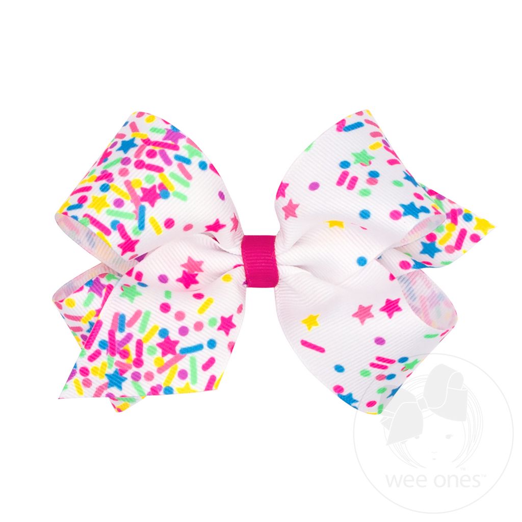 Medium Birthday-themed NEON Printed Grosgrain Hair Bow - CONFETTI