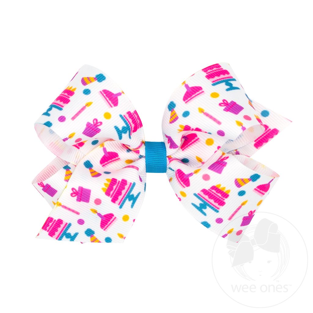 Medium Birthday-themed NEON Printed Grosgrain Hair Bow - PARTY