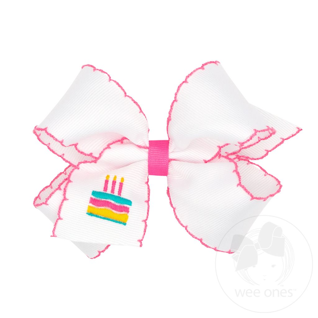Medium Birthday-themed Grosgrain Hairbow with Moonstitch Edge - CAKE