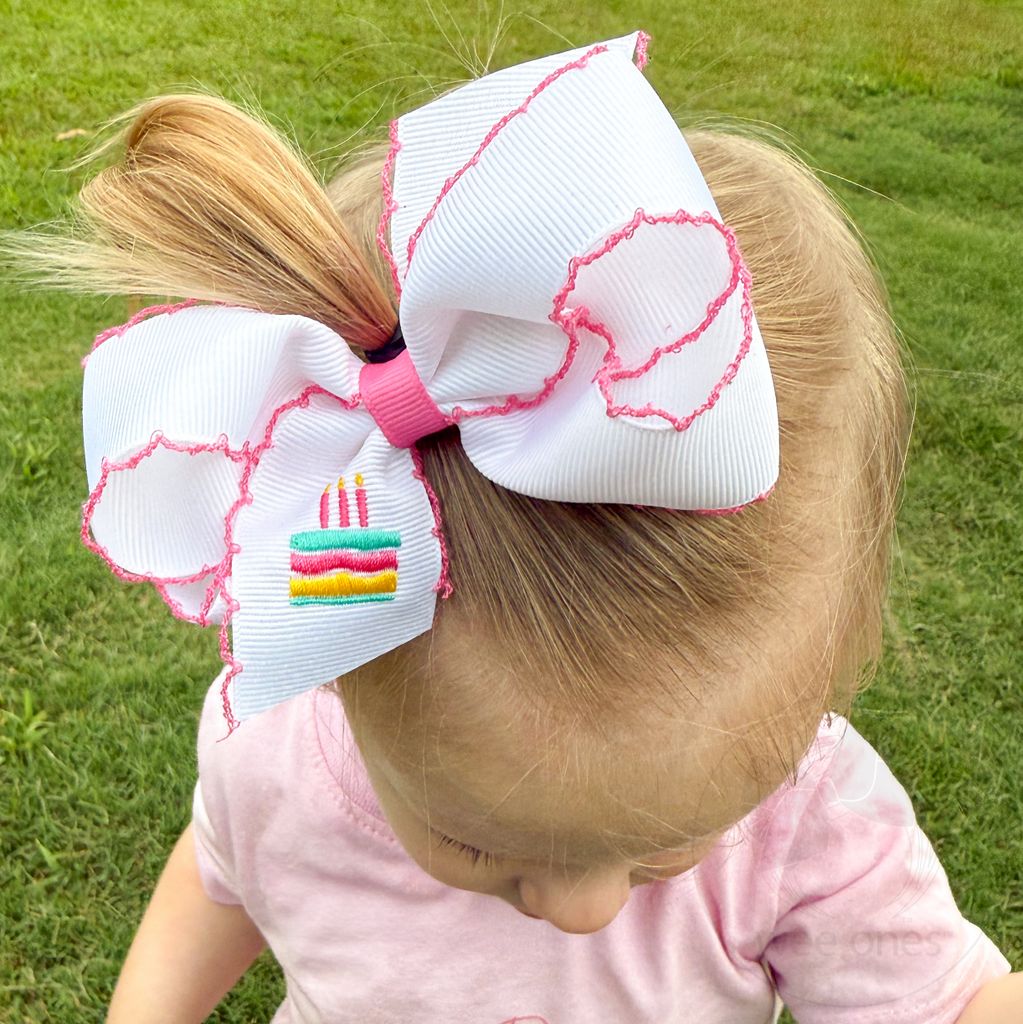 Medium Birthday-themed Grosgrain Hairbow with Moonstitch Edge