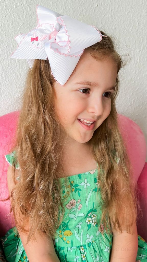 King Grosgrain Bows with Moonstitch Edge and Bunny Face Embroidery