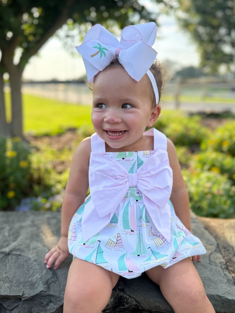 King Grosgrain Hair Bow with Moonstitch Edge and Palm Tree Embroidery
