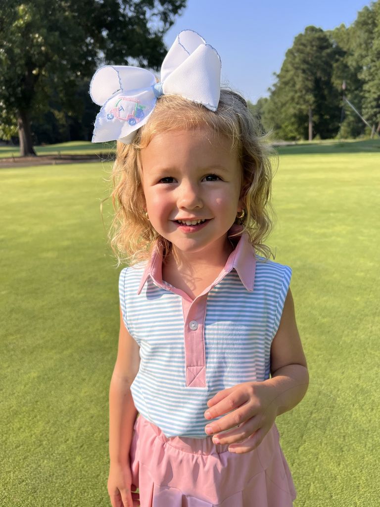 King Grosgrain Hair Bow with Moonstitch Edge and Country Club Golf Cart Embroidery

