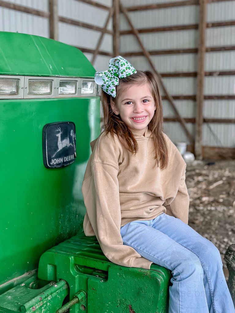 King Farm-themed Grograin Green Tractor Print Hair Bow

