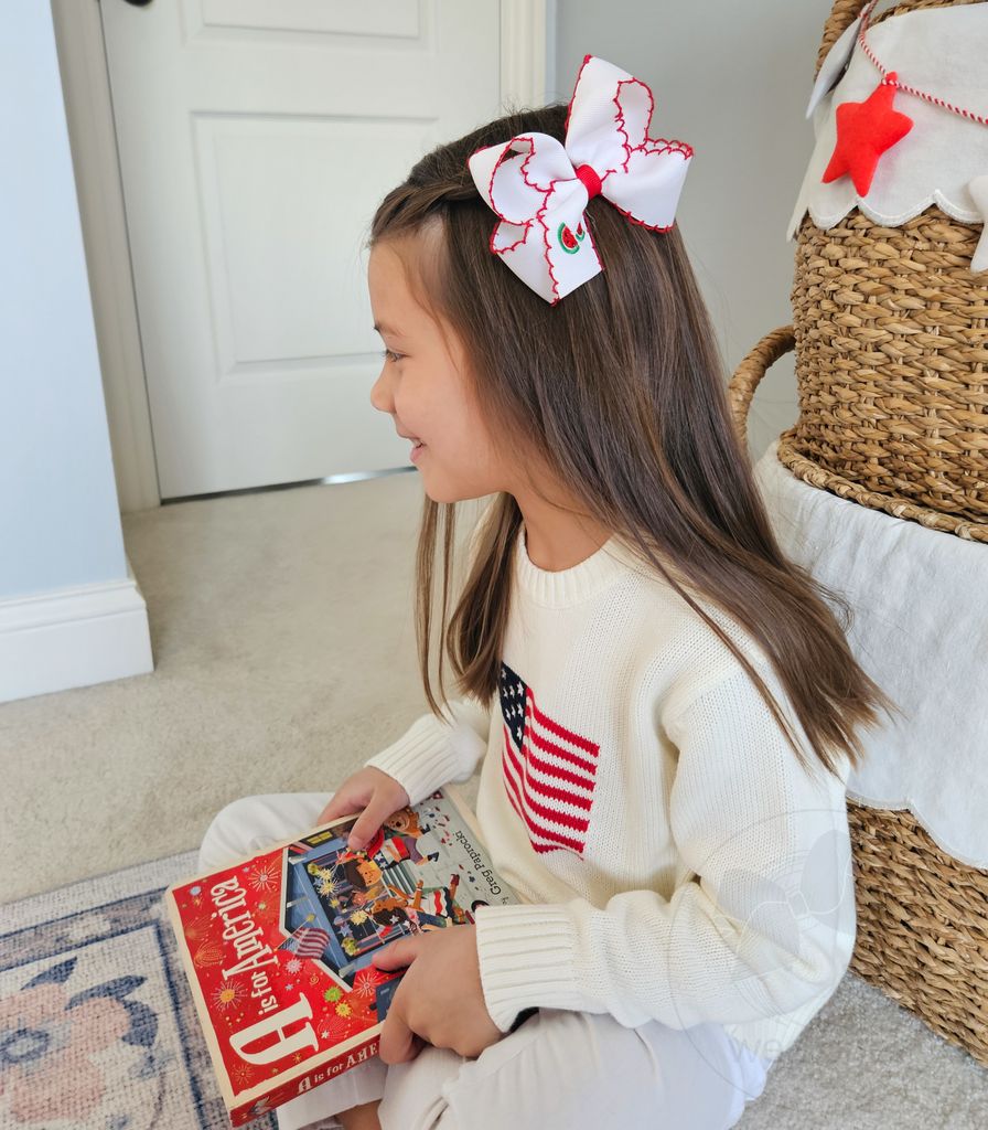 Medium Grosgrain Hair Bow with Moonstitch Edge and Watermelon Embroidery




