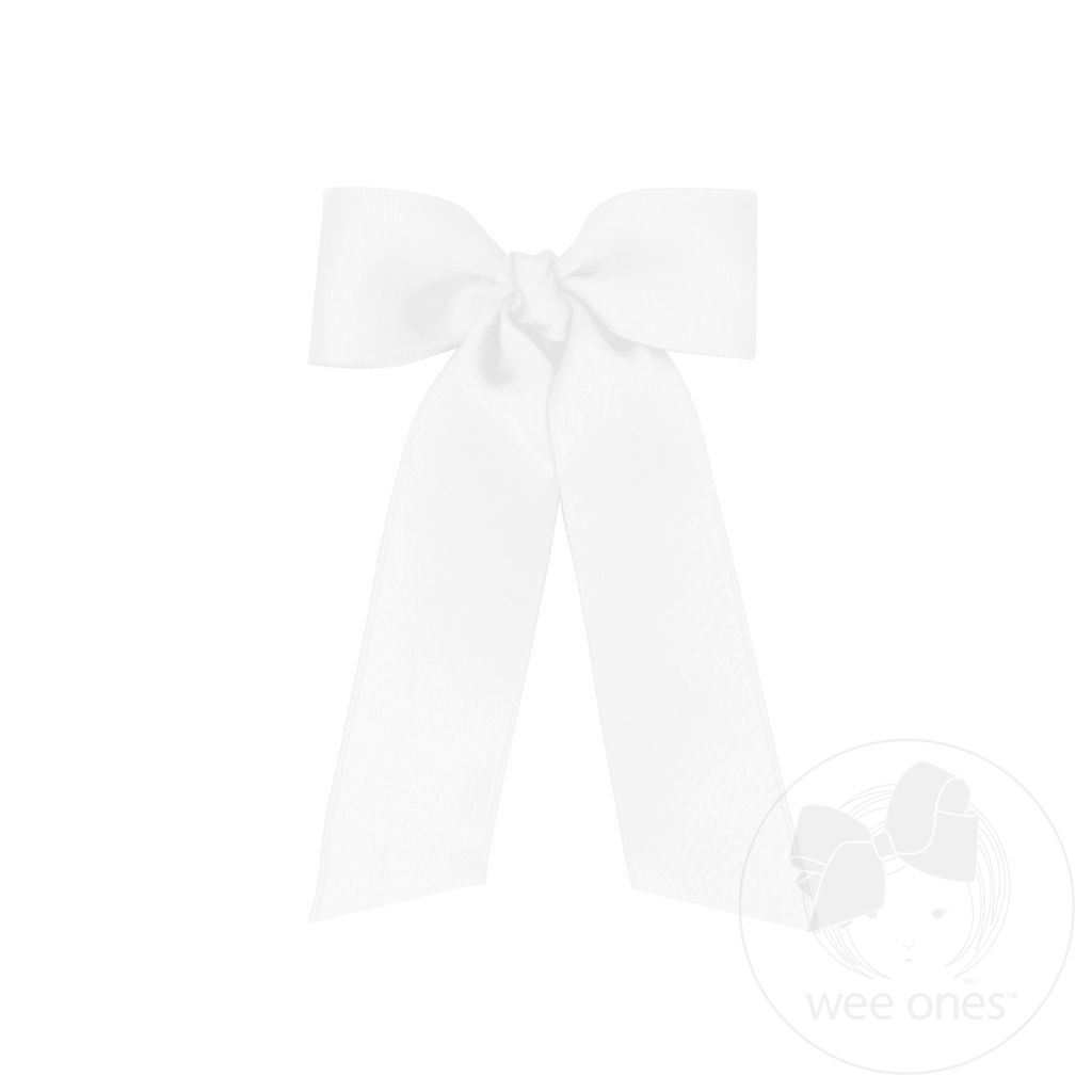 Tiny French Satin Hair Bowtie with Knot Wrap and Streamer Tails - WHITE