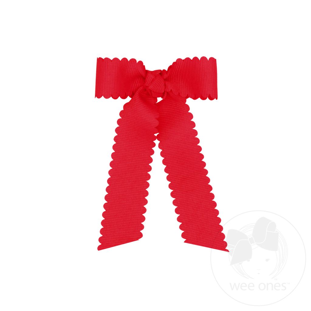 Tiny Grosgrain Bowtie with Scalloped Edge, Knot Wrap, and Streamer Tails - RED