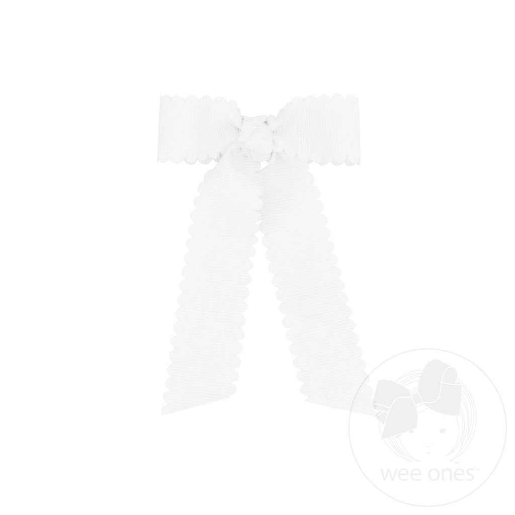 Tiny Grosgrain Bowtie with Scalloped Edge, Knot Wrap, and Streamer Tails - WHITE