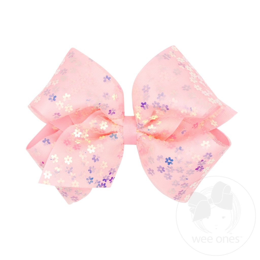 King Flower Sequin Tulle Overlay Grosgrain Hair Bow - LT PINK