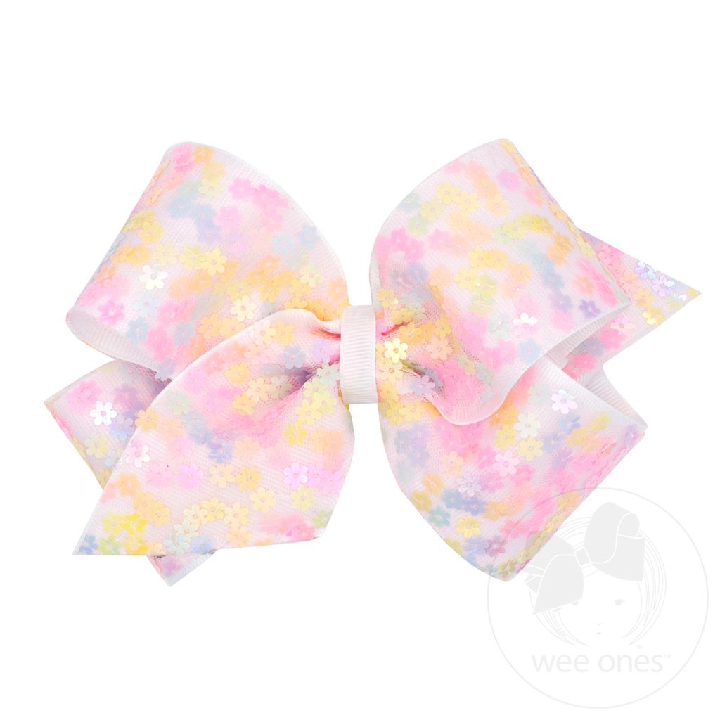 King Flower Sequin Tulle Overlay Grosgrain Hair Bow - MULTI
