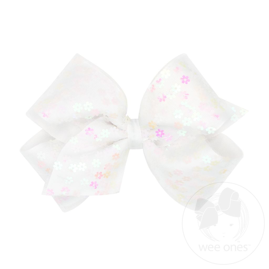 King Flower Sequin Tulle Overlay Grosgrain Hair Bow - WHITE