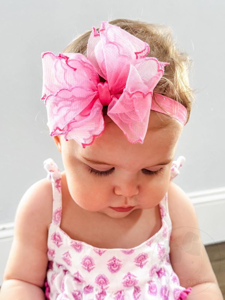 Medium Double Organza Scalloped Stitched Edge Hair Bow on Matching Elastic Band

