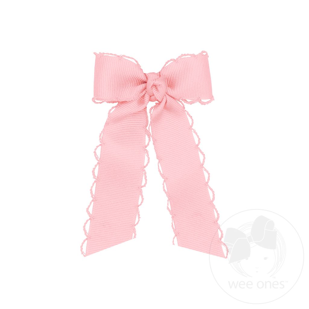 Tiny Grosgrain Bowtie with Matching Moonstitch Edge, Knot Wrap and Streamer Tails - LT PINK