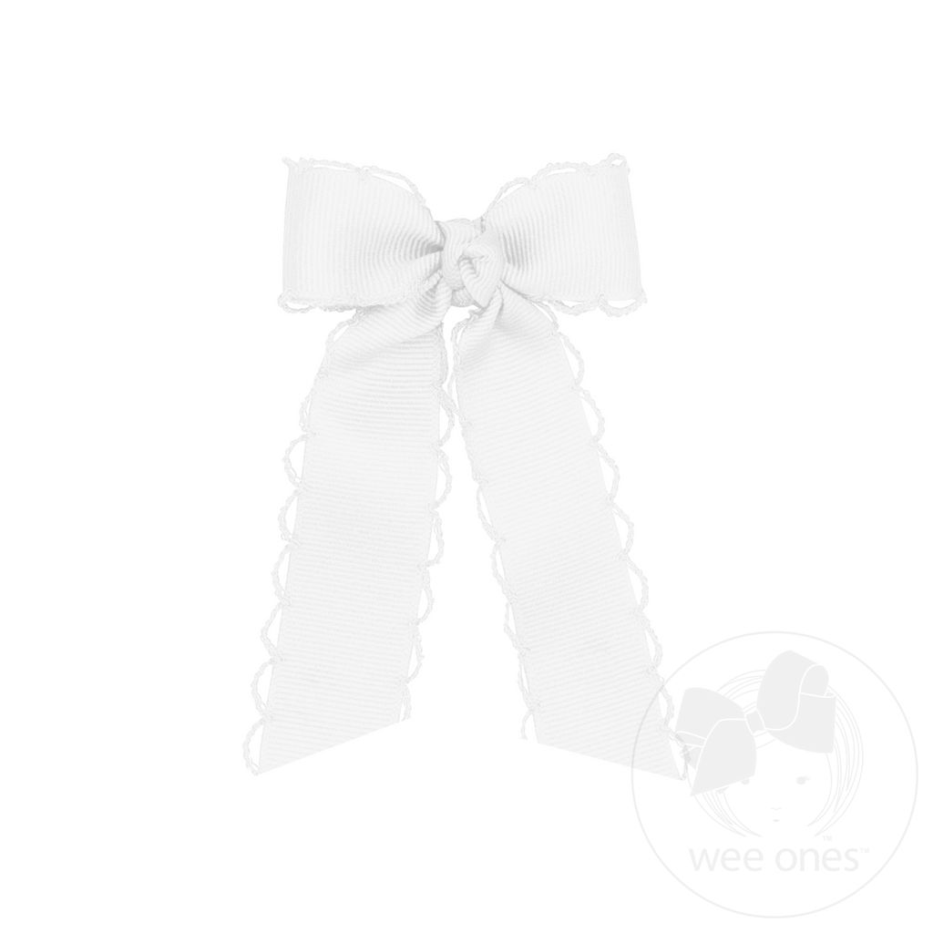 Tiny Grosgrain Bowtie with Matching Moonstitch Edge, Knot Wrap and Streamer Tails - WHITE