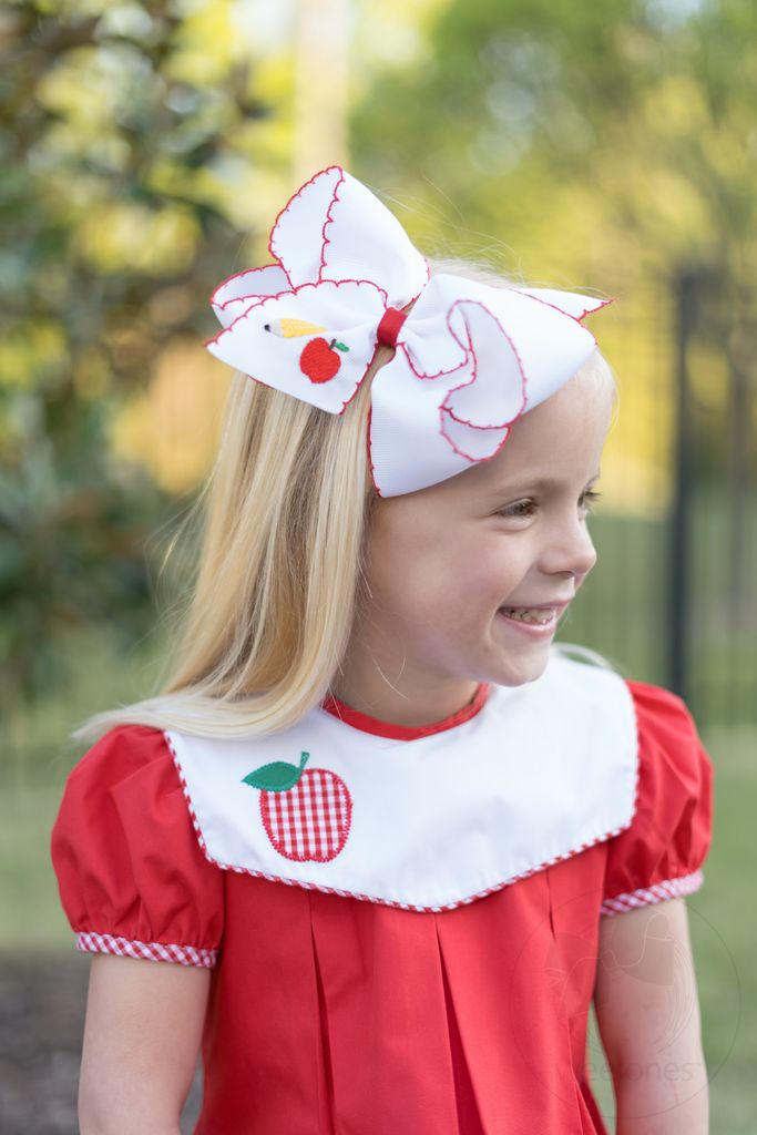 King Grosgrain Hair Bow with Moonstitch Edge and School-themed Embroidery