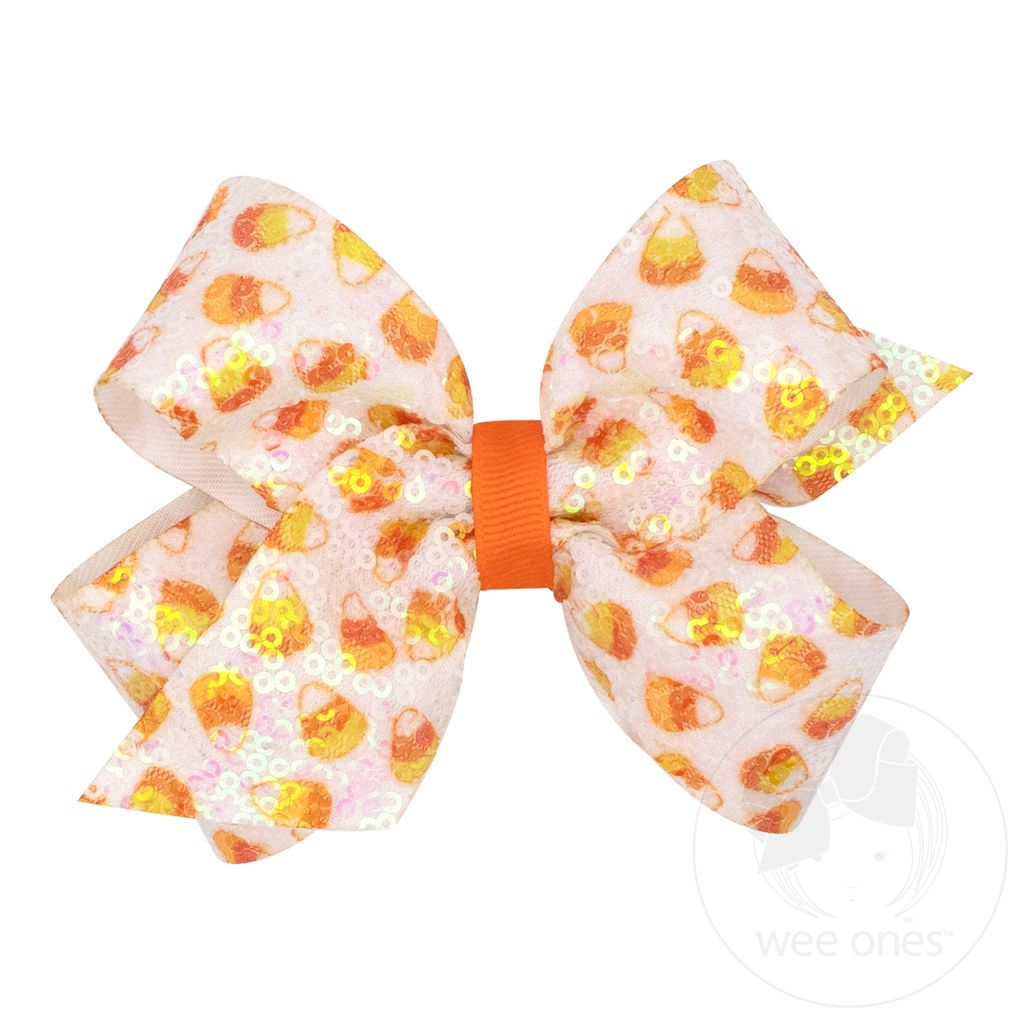 Medium Ombre Stripe Print Sequin Hair Bow - CANDY CORN