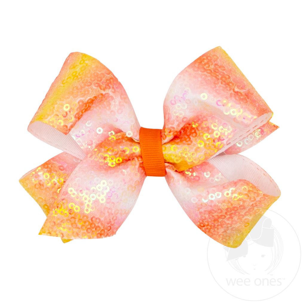 Medium Orange Ombre Stripe Print Sequin Hair Bow - ORANGE