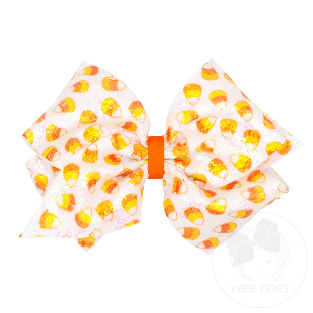 King Ombre Stripe Print Sequin Hair Bow - CANDY CORN