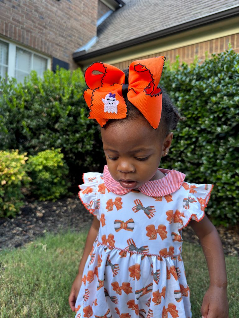 King Grosgrain Hair Bow with Moonstitch Edge and Halloween Embroidery