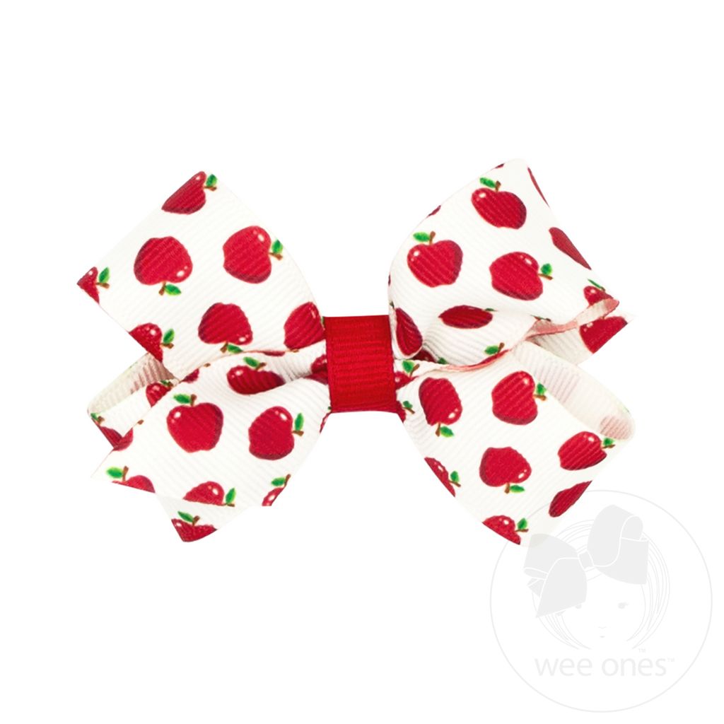 Mini Harvest Apple Print Grosgrain Hair Bow - APL/WHT