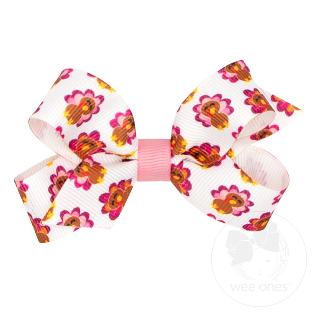 Mini Harvest Turkey Print Grosgrain Hair Bow - TURKEY PINK