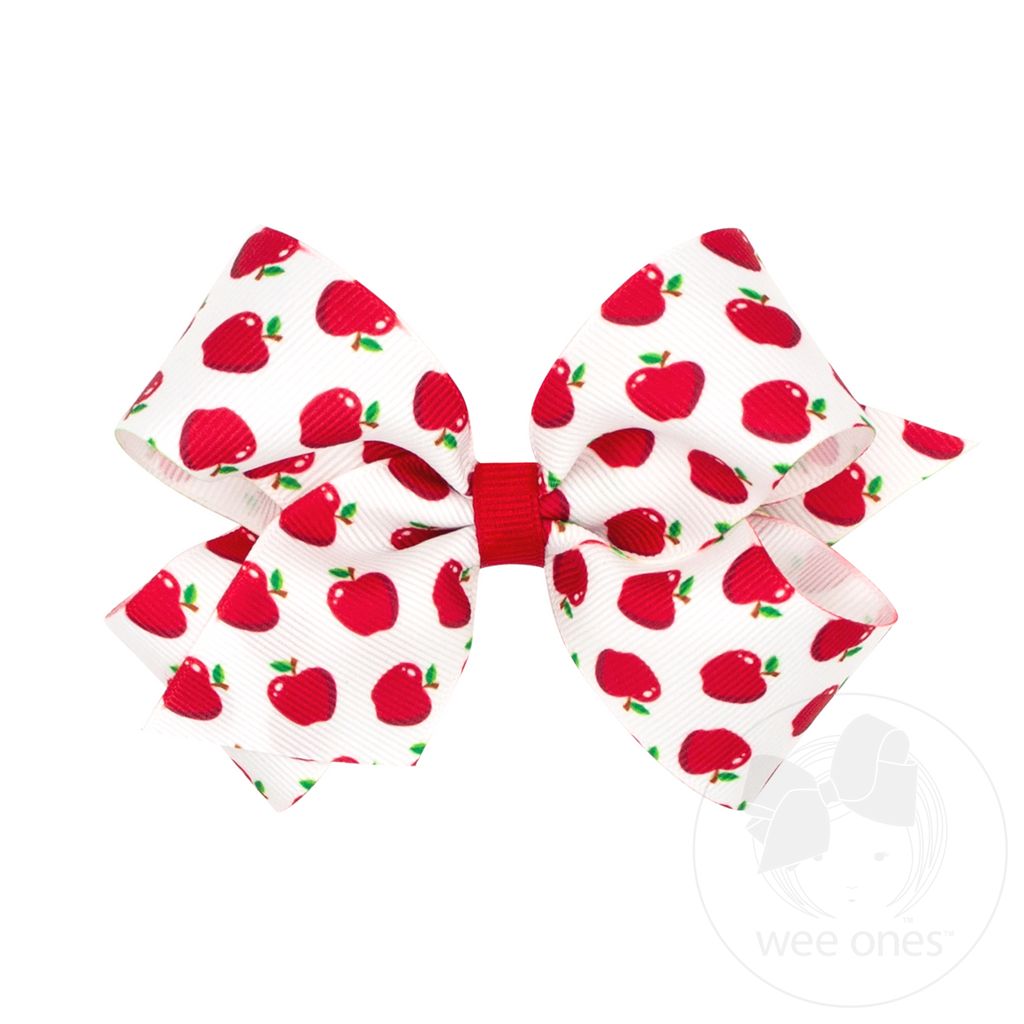 Medium Harvest Apple Print Grosgrain Hair Bow - APL/WHT