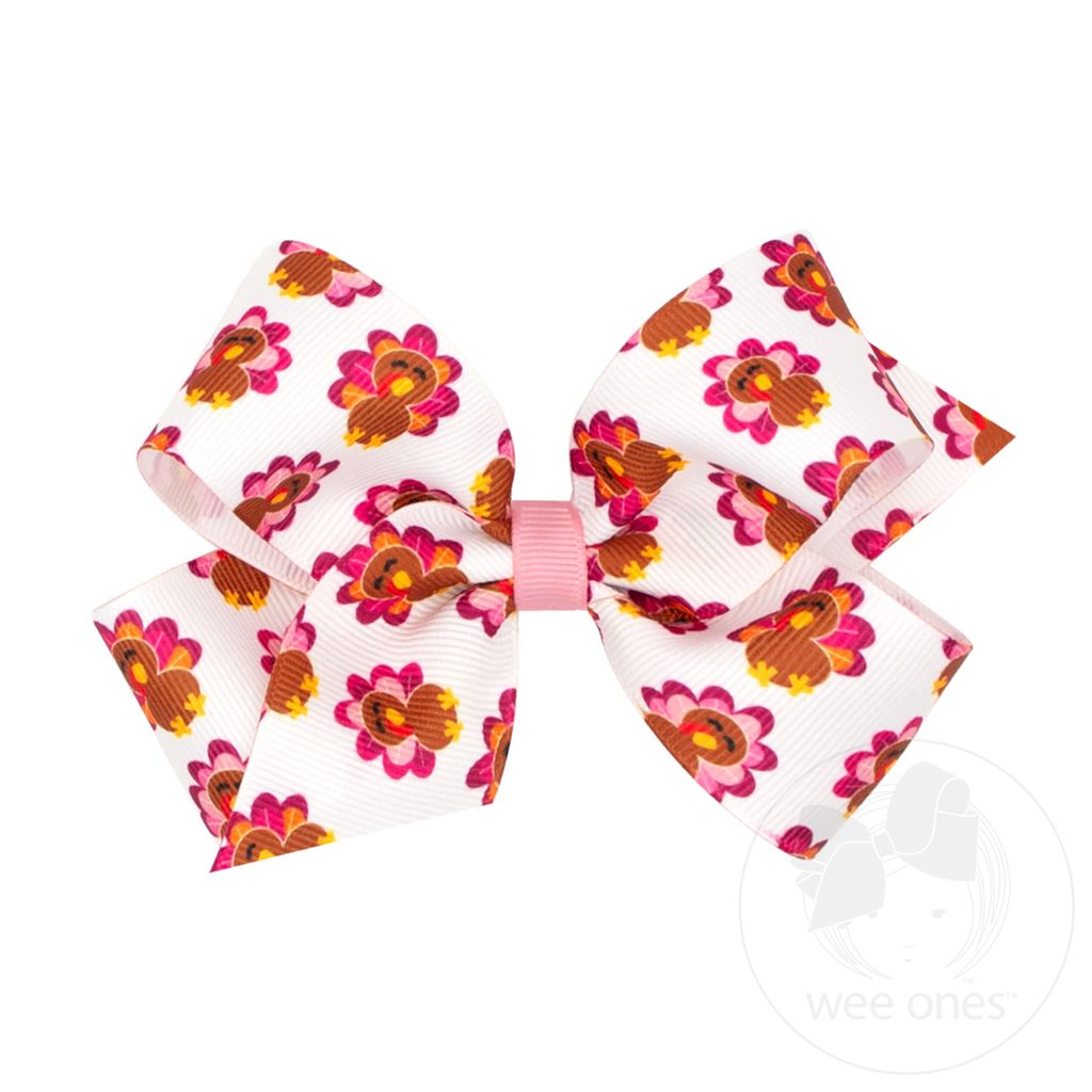Medium Harvest Turkey Print Grosgrain Hair Bow - TURKEY PINK