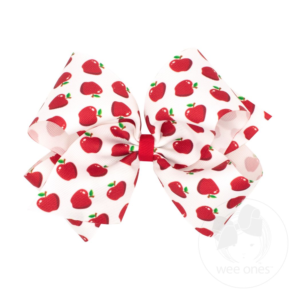 King Harvest Apple Print Grosgrain Hair Bow - APL/WHT