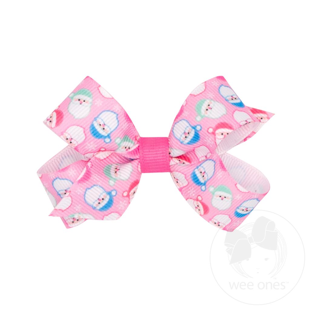 Mini Pink Santa Print Grosgrain Hair Bow - PINK SANTA