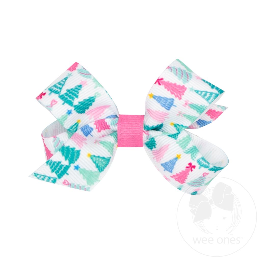 Mini Pink Christmas Tree Print Grosgrain Hair Bow - TREE