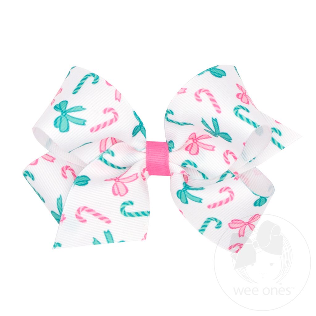 Medium Pink Candy Cane Print Grosgrain Hair Bow - CANDY CANE