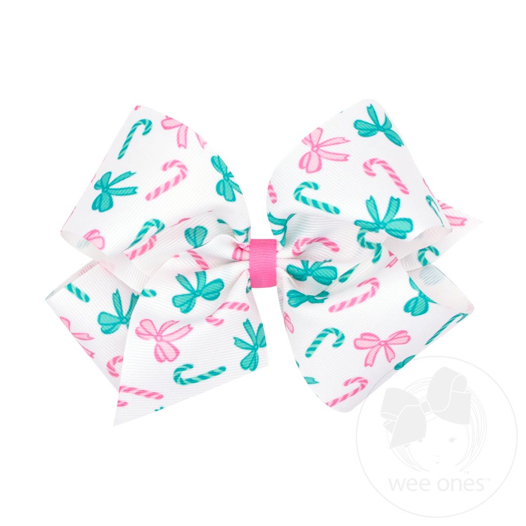 King Pink Candy Cane Print Grosgrain Hair Bow - CANDY CANE