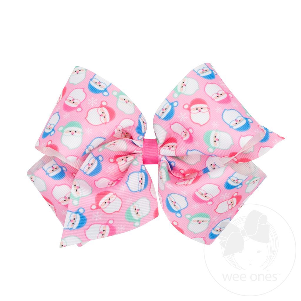 King Pink Santa Print Grosgrain Hair Bow - PINK SANTA