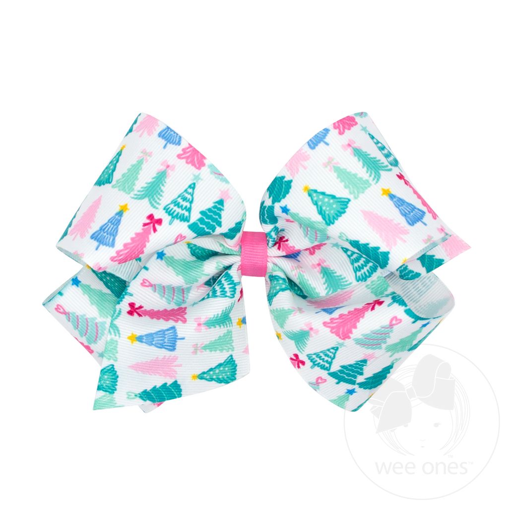 King Pink Christmas Tree Print Grosgrain Hair Bow - TREE