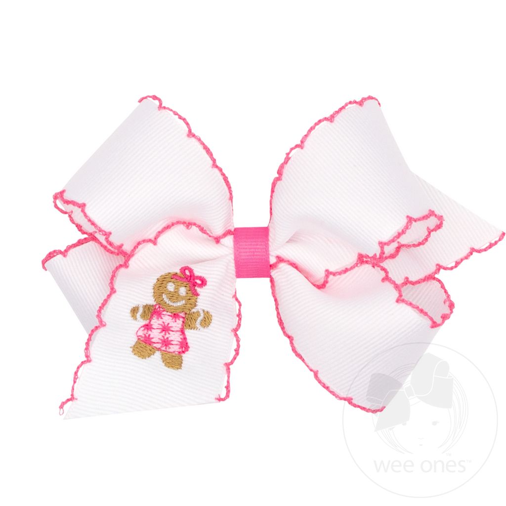 Medium Grosgrain Hair Bow with Moonstitch Edge and Pink Christmas Embroidery - GINGERBREAD