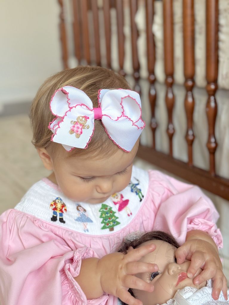 Medium Grosgrain Hair Bow with Moonstitch Edge and Pink Gingerbread Embroidery	