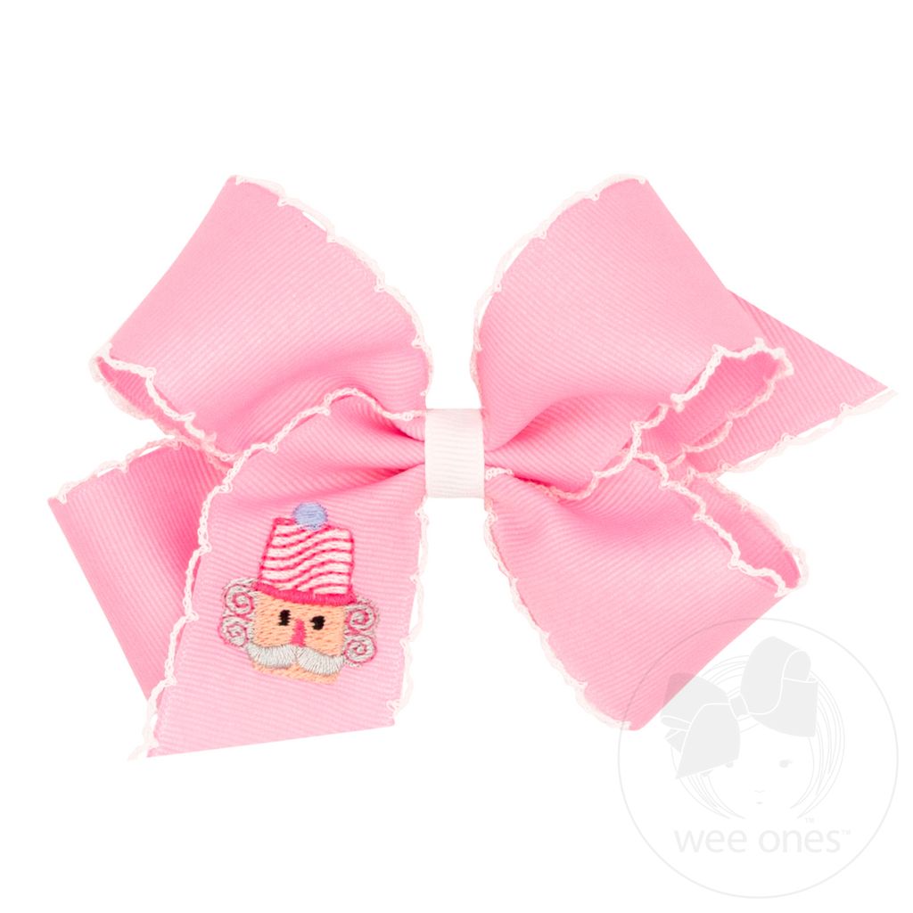 Medium Grosgrain Hair Bow with Moonstitch Edge and Pink Christmas Embroidery - NUTCRACKER