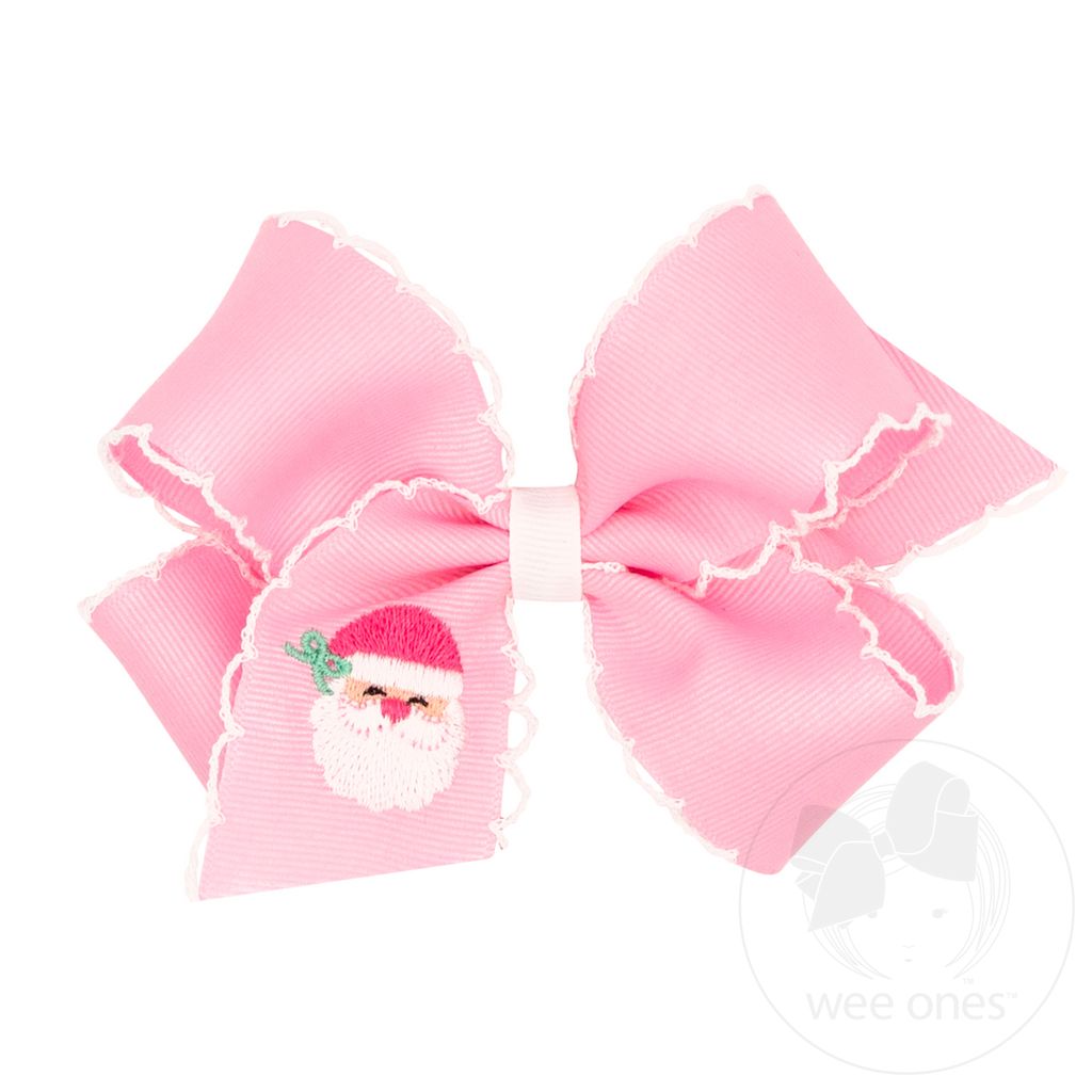 Medium Grosgrain Hair Bow with Moonstitch Edge and Pink Christmas Embroidery - PINK SANTA