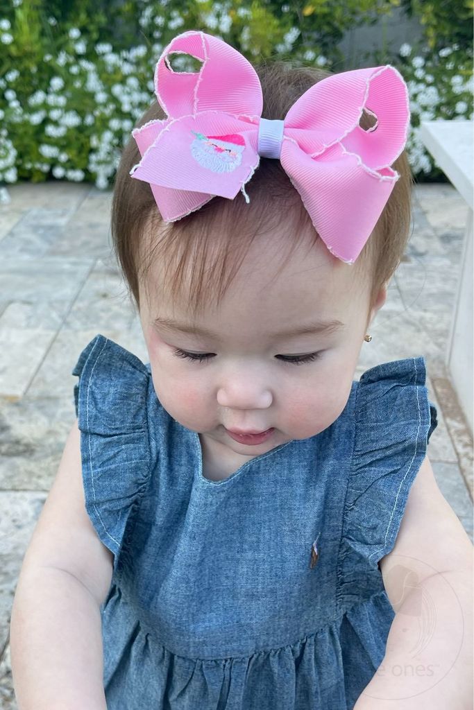 Medium Grosgrain Hair Bow with Moonstitch Edge and Pink Santa Embroidery	