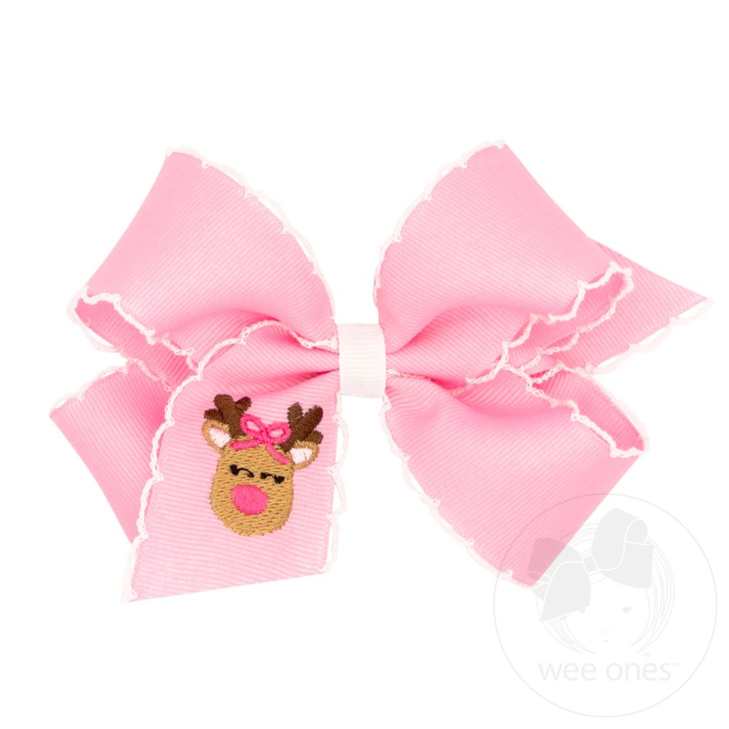 Medium Grosgrain Hair Bow with Moonstitch Edge and Pink Christmas Embroidery - REINDEER