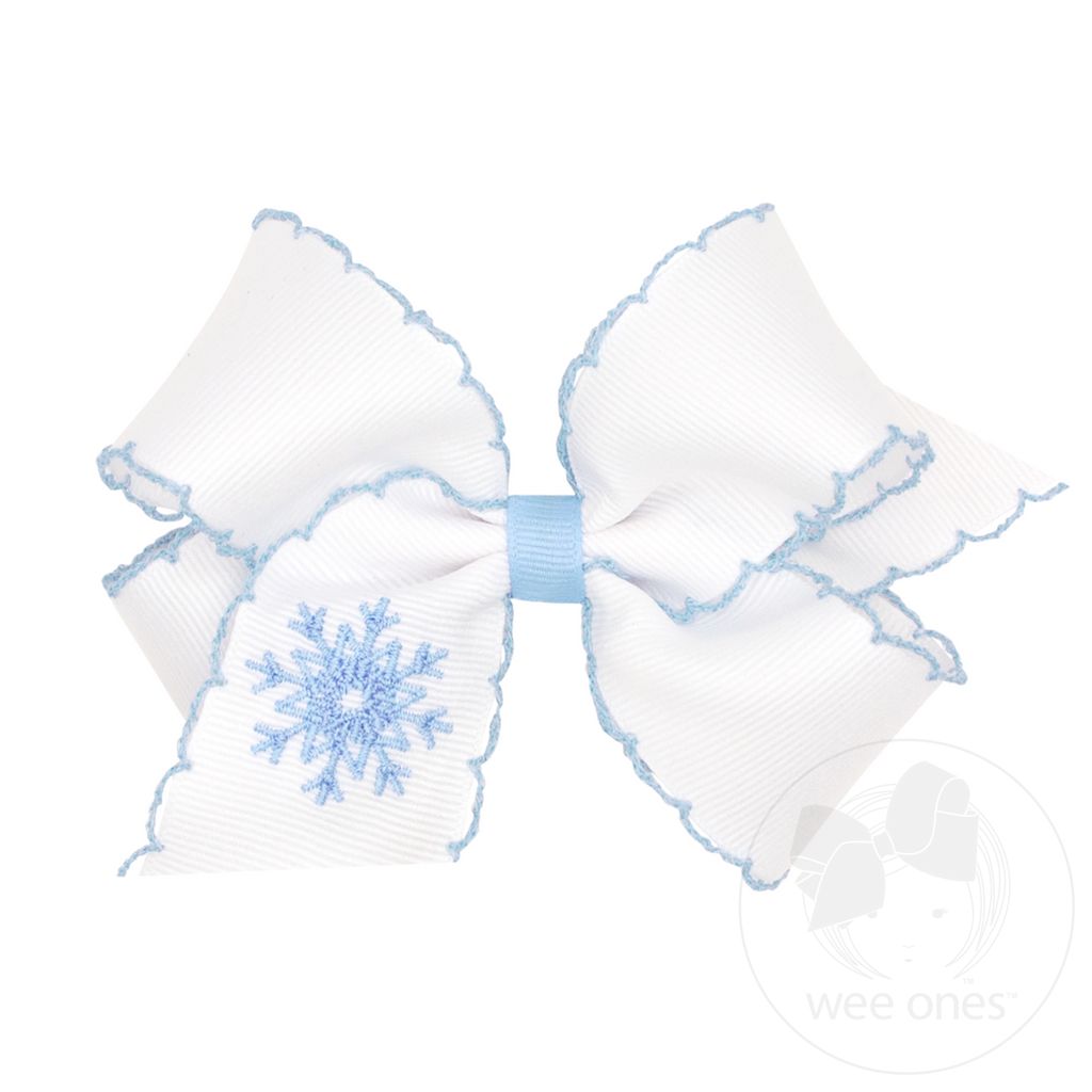 Medium Grosgrain Hair Bow with Moonstitch Edge and Pink Christmas Embroidery - SNOWFLAKE