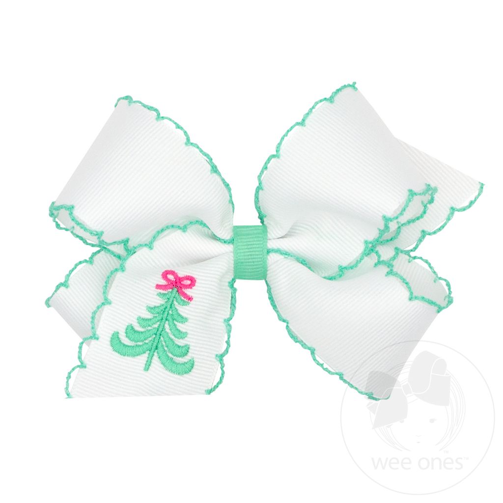 Medium Grosgrain Hair Bow with Moonstitch Edge and Pink Christmas Embroidery - TREE