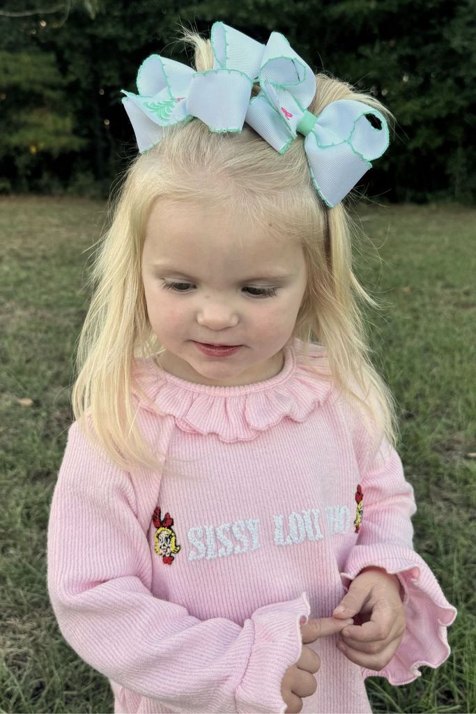 Medium Grosgrain Hair Bow with Green Moonstitch Edge and Christmas Tree Embroidery	