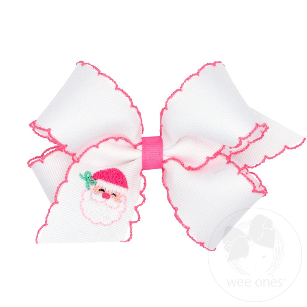 Medium Grosgrain Hair Bow with Moonstitch Edge and Pink Christmas Embroidery - WHITE SANTA
